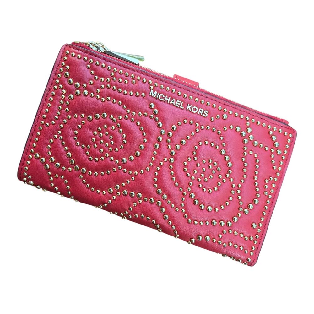 Michael Kors Grab & Go Adele Rose Studded Red Leather Smartphone Wallet Gold